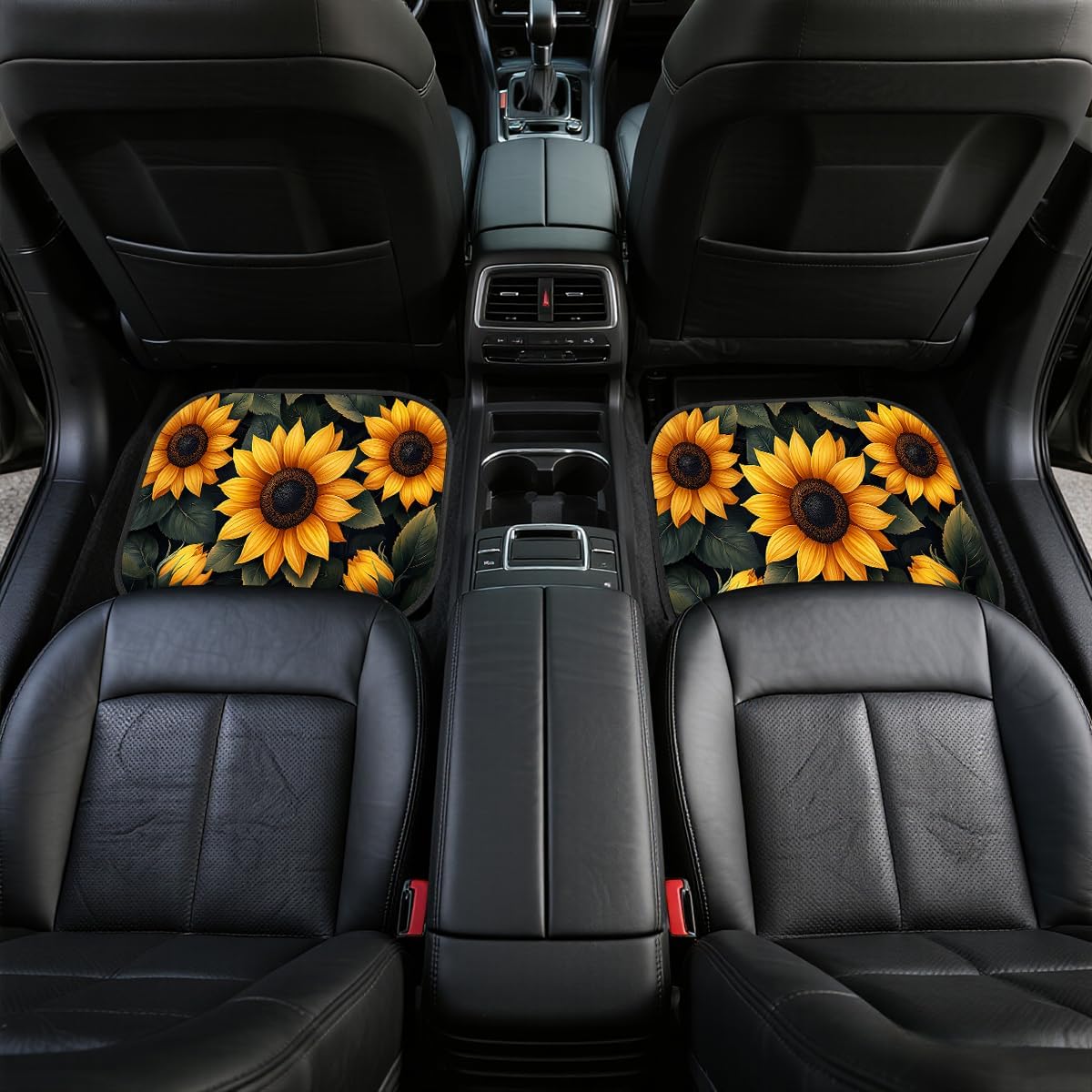 Sunflower Car Floor Mats Set of 4 Black Yellow Vintage Watercolor Automotive Car Floor Carpets Non-Slip Auto Car Accessories Universal Fit Car Accessories for Truck