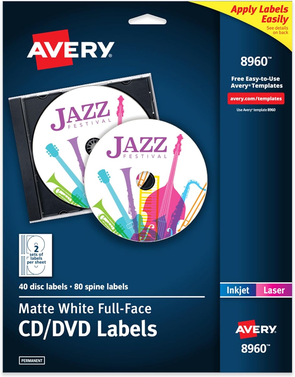 Avery Printable Full-Face CD Labels, Matte White, Permanent Adhesive, Laser/Inkjet Printable, 40 Disc & 80 Spine Labels, Ideal for CDs, DVDs, PC Discs, Media Projects & More (8960)