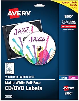 Avery Printable Full-Face CD Labels, Matte White, Permanent Adhesive, Laser/Inkjet Printable, 40 Disc & 80 Spine Labels, Ideal for CDs, DVDs, PC Discs, Media Projects & More (8960)