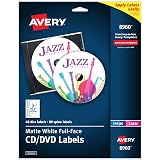 Avery Printable Full-Face CD Labels, Matte White, Permanent Adhesive, Laser/Inkjet Printable, 40 Disc & 80 Spine Labels, Ideal for CDs, DVDs, PC Discs, Media Projects & More (8960) – view 1