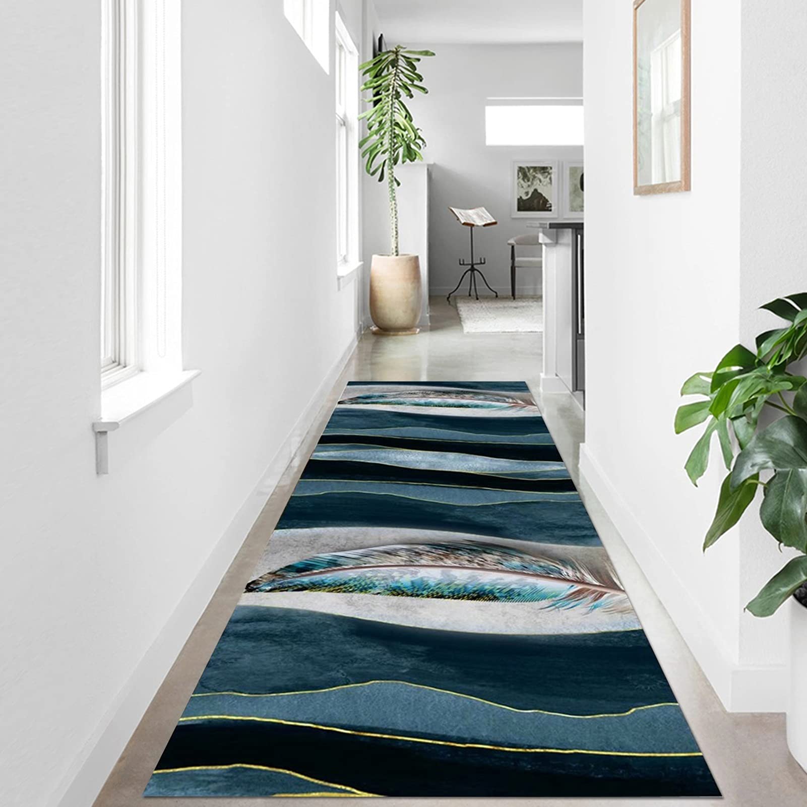 Tapis de couloir moderne vert bleu et doré idéal pour l'entrée élégante de votre maison