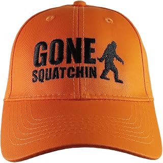Gone Squatchin Black Sasquatch Bigfoot Humorous Embroidery Design on an Orange Adjustable Structured Baseball Cap for Kids Age 6 to 12