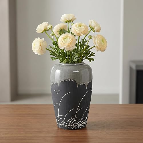 Black and Gray Vase, 8 Inch Grey Ceramic Vase with Crackle Finish, Minimalist Decorative Vases for Modern Home Decor, Office Desk, Living Room Table Centerpiece