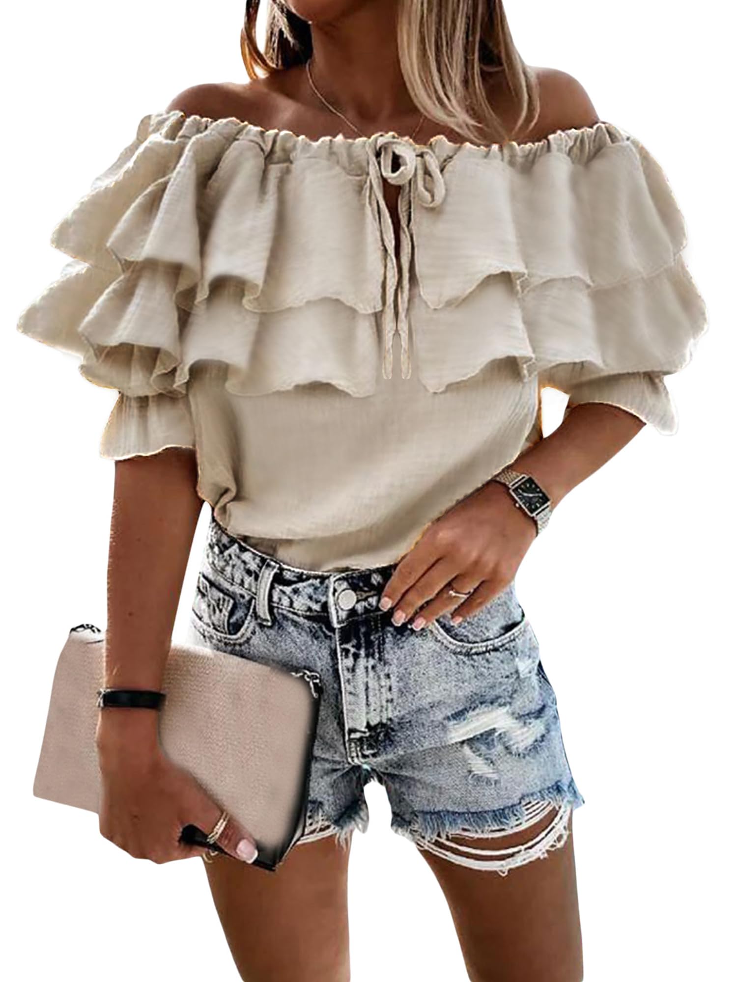 Woman's Strapless Half Sleeve Blouses Sexy Off Shoulder Ruffle Tie-Up Chiffon Crop Tops Casual Ladies Tunic Shirts (A-Khaki, L)