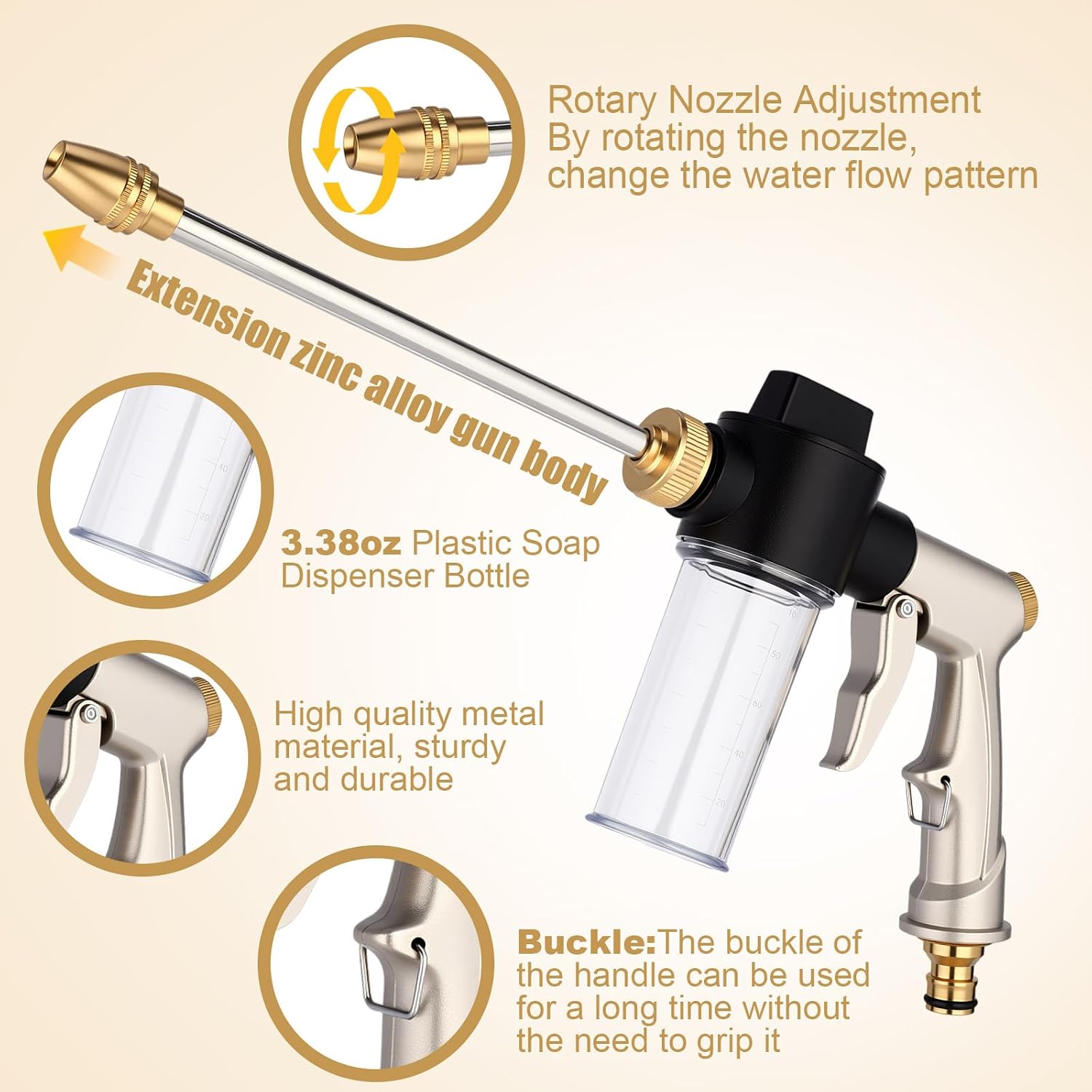 Lounsweer 6 Pcs High Pressure Car Wash Hose Nozzle Sprayer with 3.5oz Soap Dispenser Heavy Duty Foam Gun Garden Hose Attachment Adjustable Brass Nozzle for Gardening Watering Plant Pet Cleaning