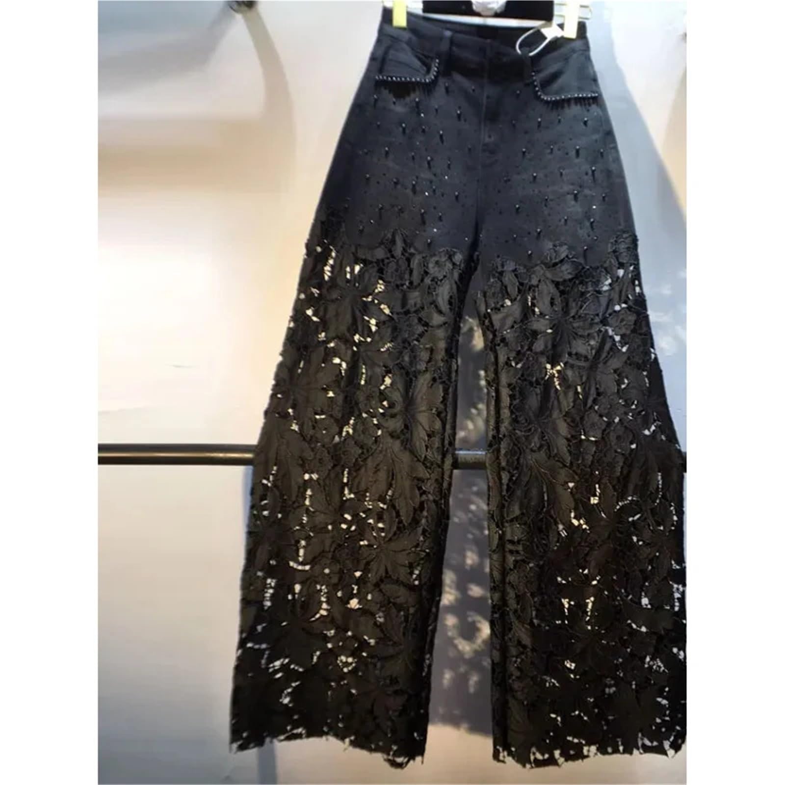 Vaqueros Anchos Mujer Pantalones Anchos de Pierna Recta con Encaje Hueco y Flores Retazos Mezclilla Bordado Diamantes imitación Verano, Pantalones Casuales Cintura Alta