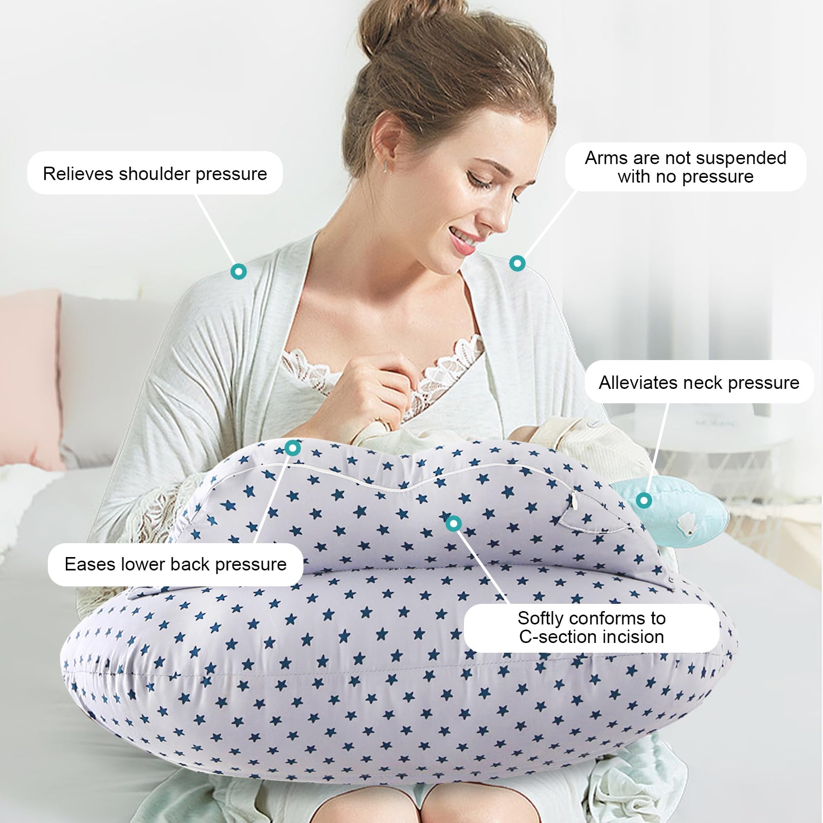 Topchances Pregnancy Pillow,Nursing Pillow Multifunctional Breastfeeding Pillow with 100% Cotton Pillowcase U Shaped Pregnancy Pillow,Gifts for Moms-Washable Breastfeeding Pillows (Gray Star) - Image 3