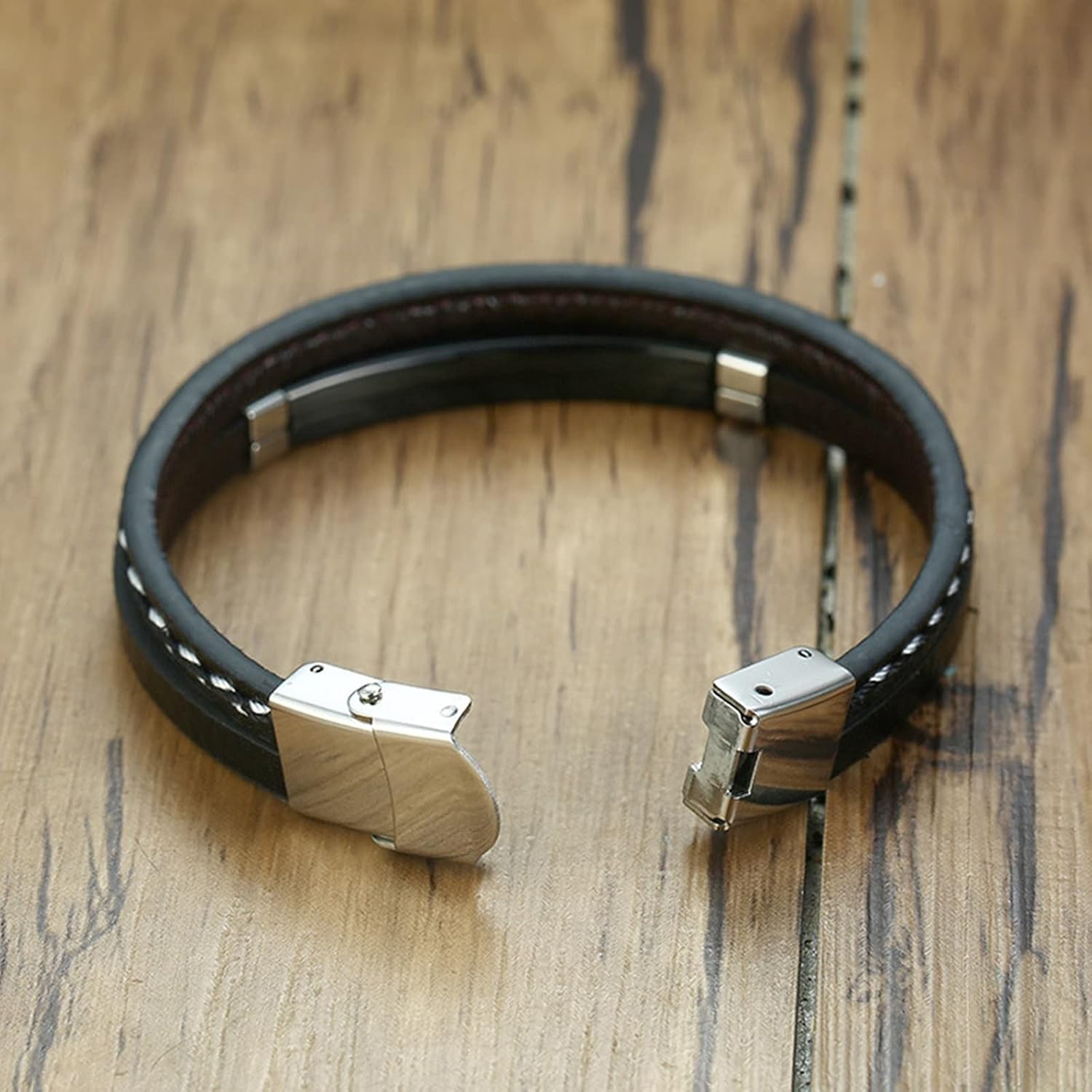 Daesar Man Bracelet Stainless Steel Leather Weave Dog Tag Engraved Dad Men Bangle Bracelet ID Bracelet for Father Gift