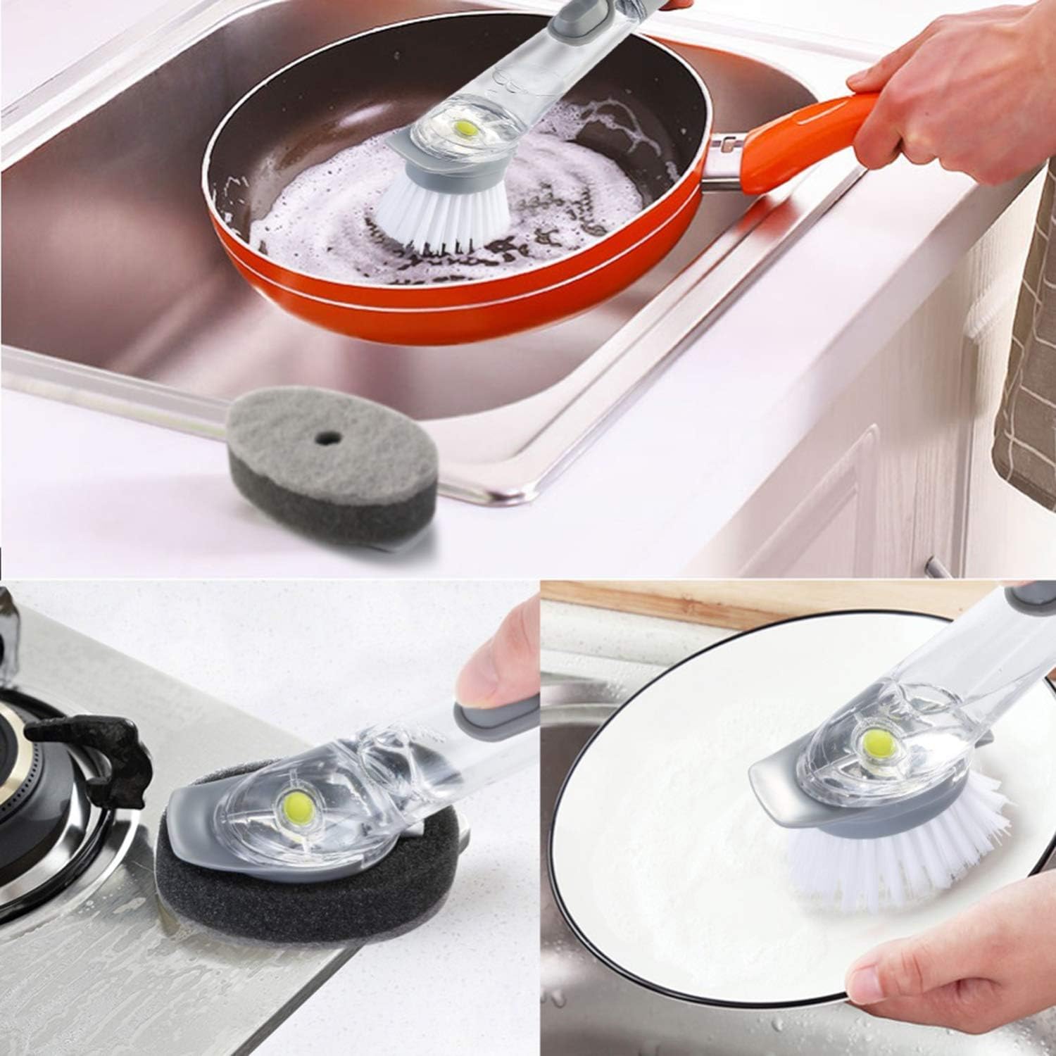 GALV soap Dispensing Dish Brushes Dishwasher Brush with soap Dispenser Long Handled Hydraulic dishwashing Brush Kitchen Tool Cleaning Brushes,Non Stick brushs,Dish Cleaning brushs(Gray)(23.4x5.4 cm) 3
