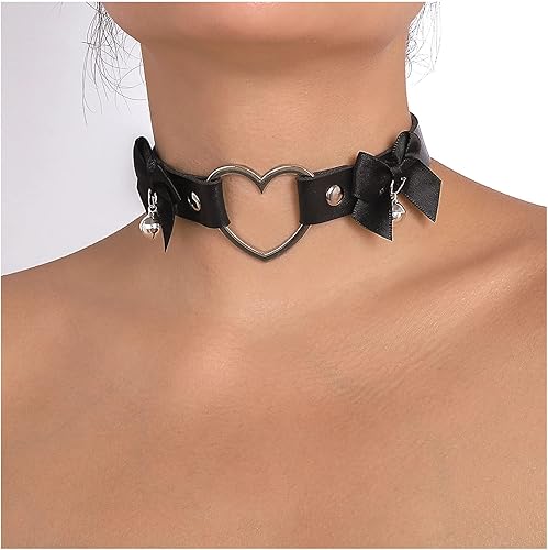 Gargantilla de cuero con forma de corazón gótico, alas de murciélago, collar de gato, cadena de lazo punk, cascabel, cascabel, collar de cinta,