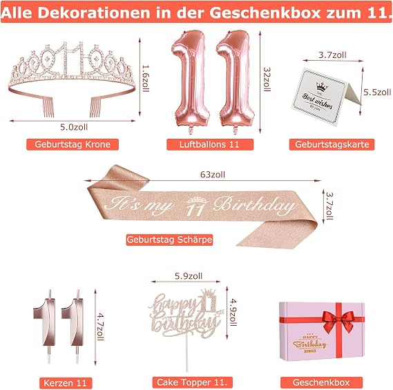 11. Geburtstag Mädchen Deko 11. Geburtstag Krone und Schärpe Happy Birthday Tortendeko Kerzen Luftballons Rosegold Geschenke für Mädchen 11 Jahre