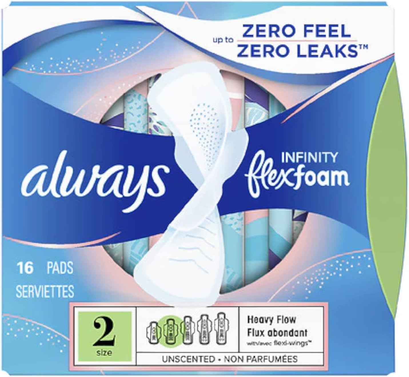 Always Infinity Unscented Pads with Wings, Heavy Flow, 16 Count (Pack of 12)