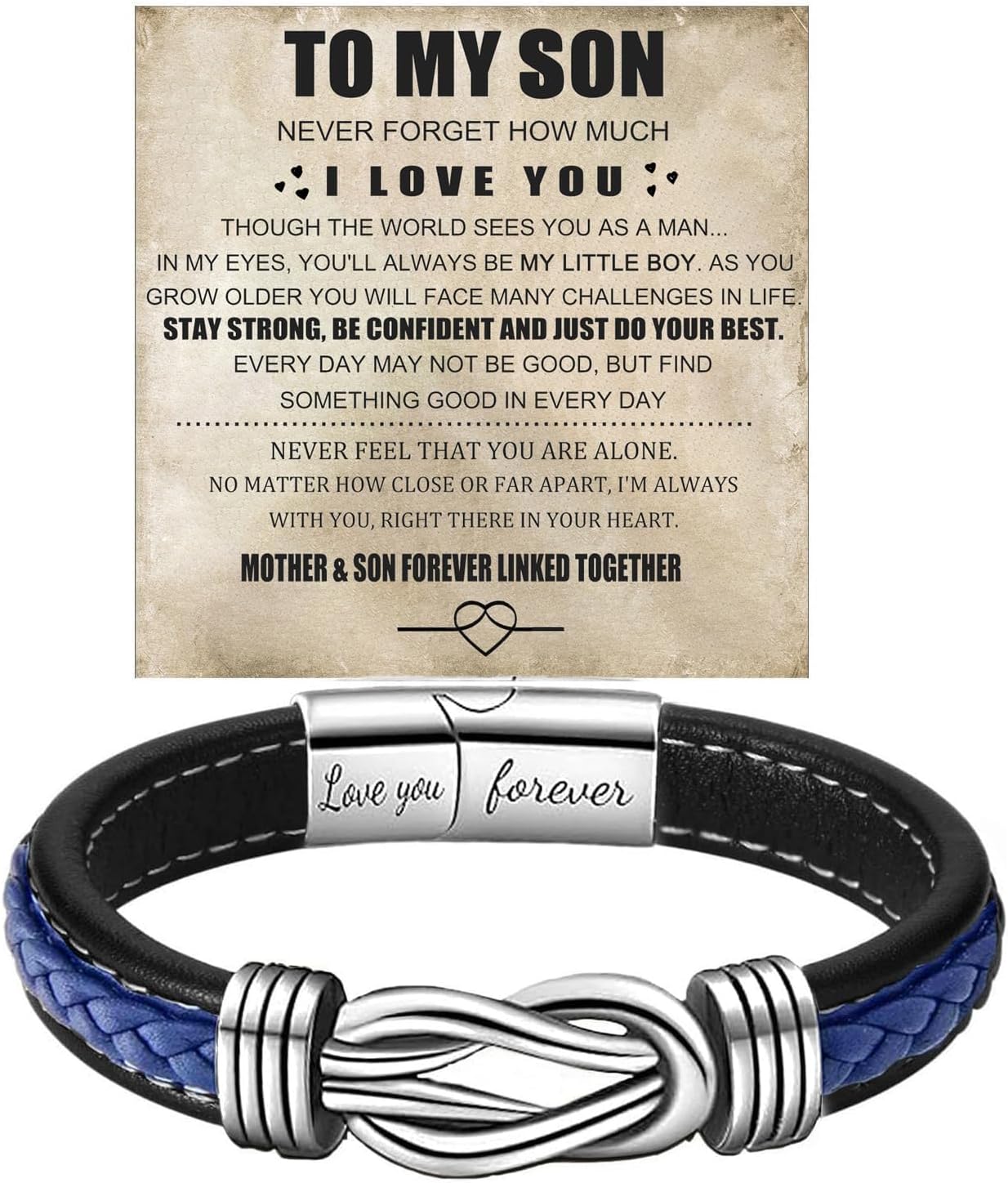 To My Son Infinity Knot Bracelet From Mom, Forever Linked Together Stainless Steel Braided Leather Inspirational Bracelets Engraved Love You Forever Birthday Gift Jewelry