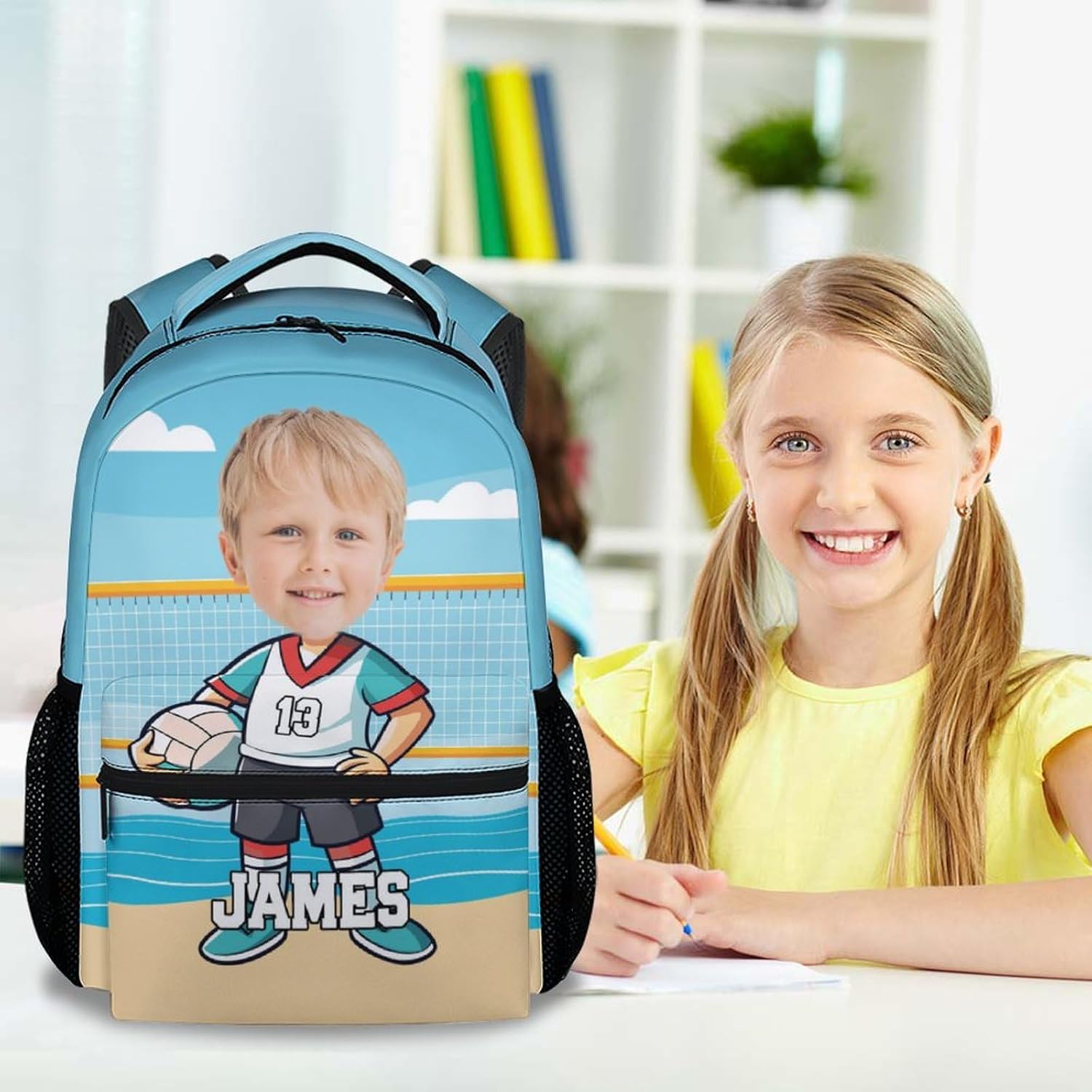 Custom Kids Backpack for Boys, 17 Inch Volleyball Backpacks for Sport Lovers, Personalized Face Bookbag for Travel, Hiking