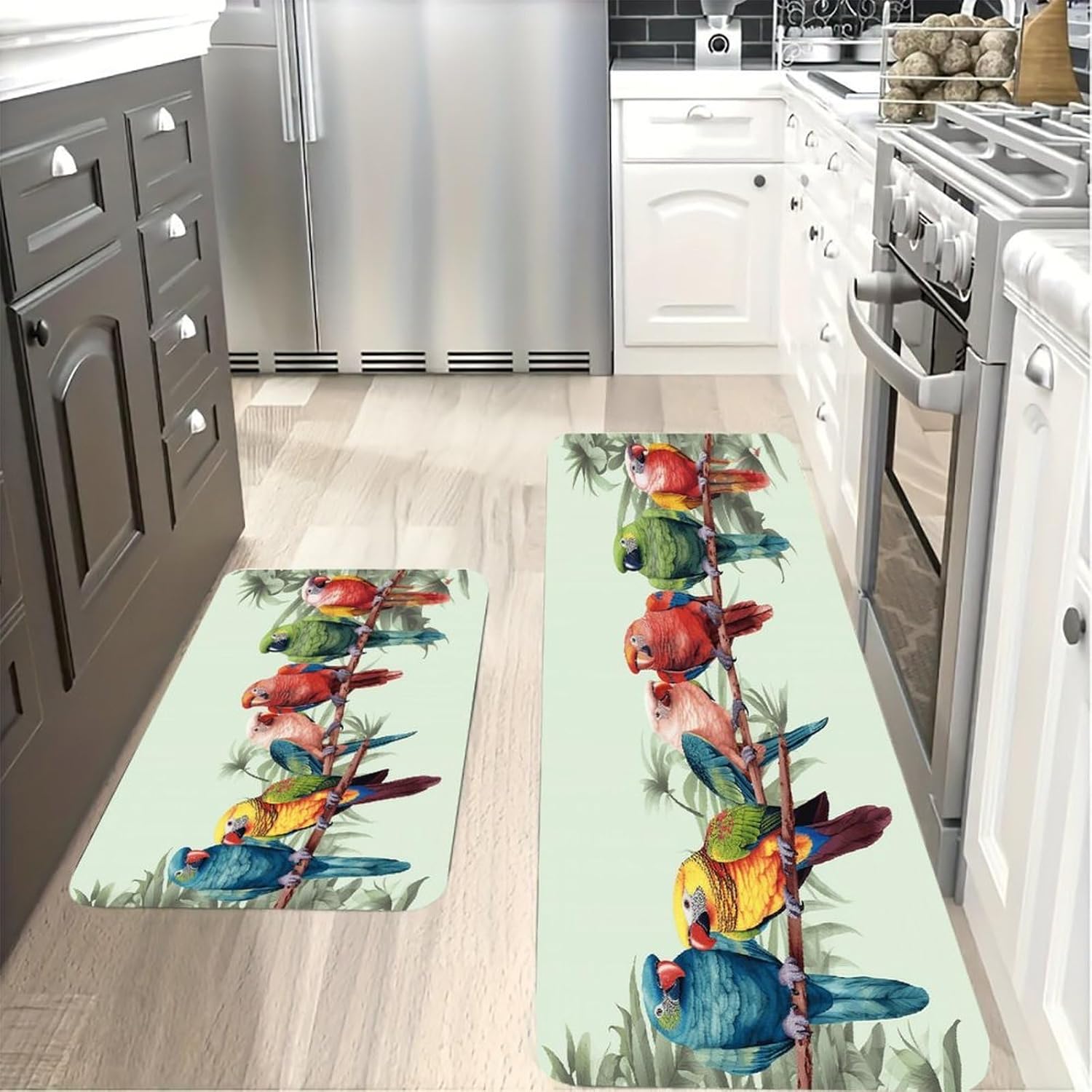 Colorful Parrots On Tree Kitchen Mat Washable Non Slip Rugs Soft Kitchen Mats for Floor Set of 2 PCS Cushioned Absorbent Runner Standing Rugs for Home Sink Laundry Office