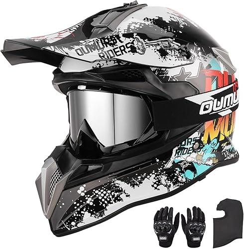 DOT Casco de Dirt Bike para Adultos con Gafas, Guantes y Máscara, Visera Solar Ajustable, Casco de Motocicleta para Adultos ATV Todoterreno