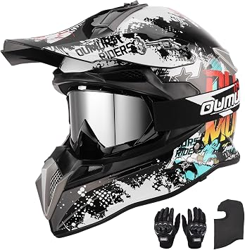 OUMURS DOT Adult Dirt Bike Helmet with Goggles Gloves & Mask Adjustable Sun Visor Motorcycle Adult ATV Helmet Off-Road Motocross Downhill Moped MX BMX for Unisex Adult-188-White Cowboy, M