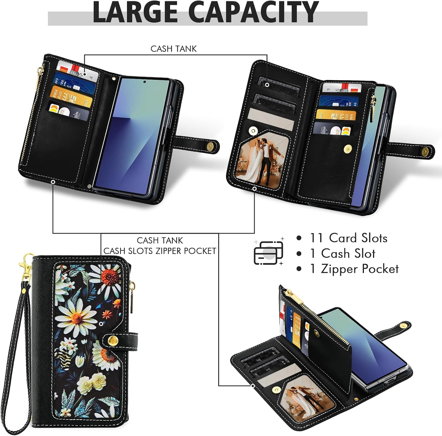 Floral Wallet Case for Samsung Galaxy Z Fold 7 & Wrist/Shoulder Strap Flip Zipper Purse, Luxury PU Leather Credit ID Card Holder Stand Accessories Cell Phone Cover for ZFold Z7 G Fold7 7Z Black