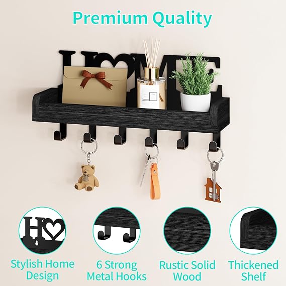 HapiRm Key Holder for Wall - Key Hooks Wall Mounted with Wood Tray & 6 Hook