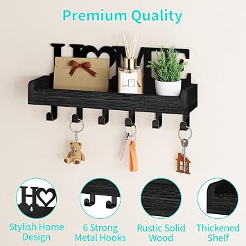 HapiRm Key Holder for Wall - Key Hooks Wall Mounted with Wood Tray & 6 Hook