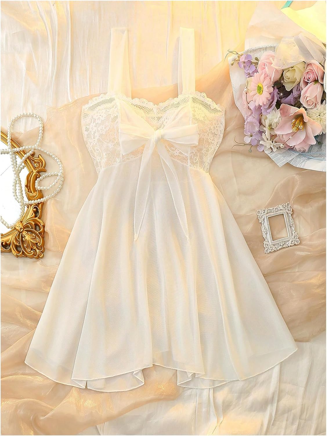 OYOANGLE Women's Floral Lace Mesh Sheer Lingerie Dress Sleeveless Bow Babydoll Chemise Nightwear - Image 5