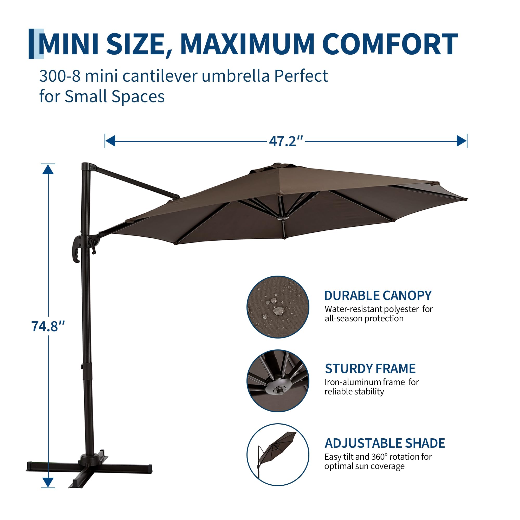 GarveeHome Sombrilla De Exterior Roma 300cm Sombrilla Patio Poste Lateral Aluminio Hierro Parasol Giratorio 360° Base En Cruz Toldo Poliéster 210PA Impermeable Gris-Marrón Para Jardín Terraza
