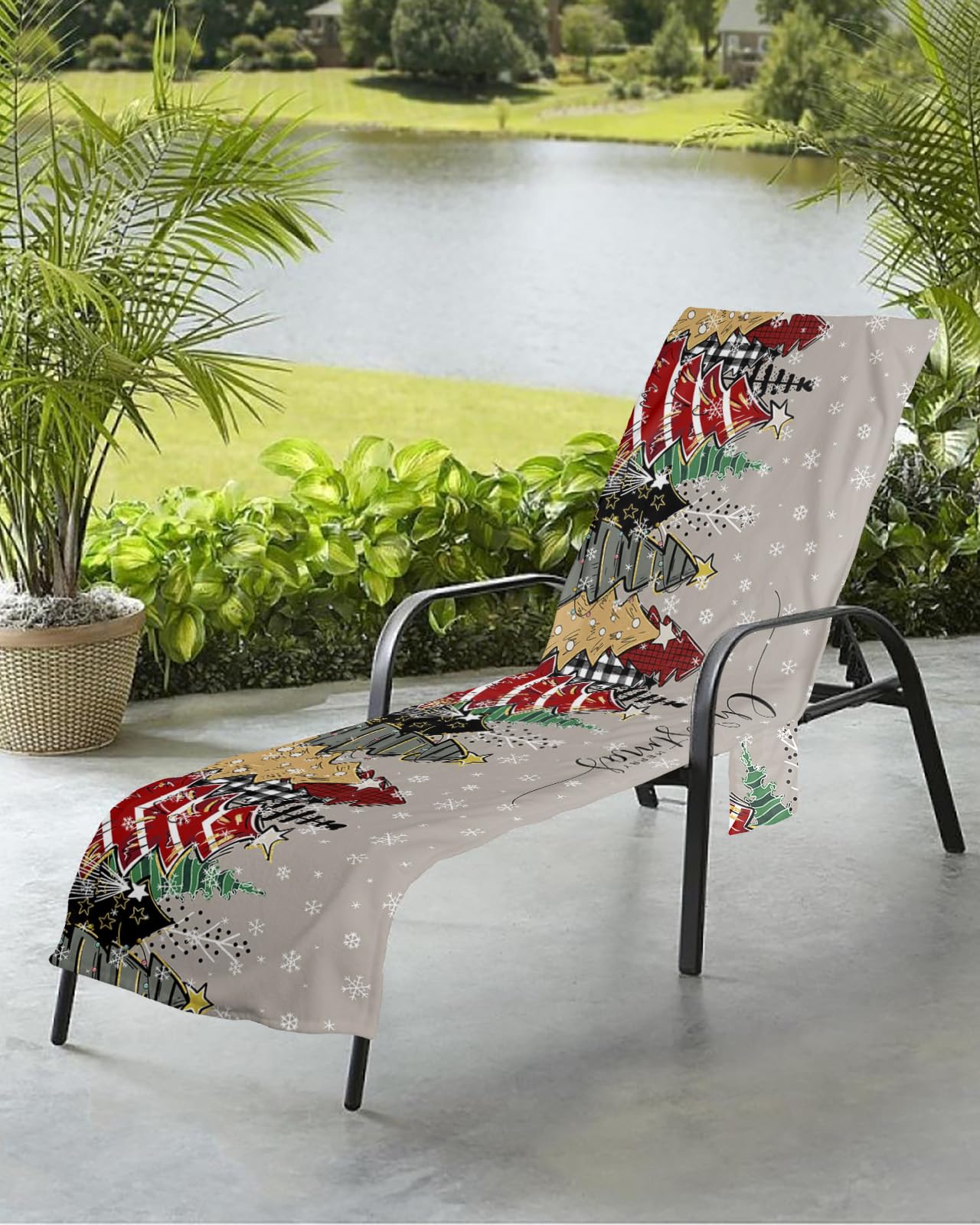 Christmas Tree Grey Beach Chair Towel Covers for Chaise Lounge with Side Pocket, Soft Plush Pool Towels Cover for Patio Sunbathing Outdoor 29''x85'' Snowflake Red Gold Green Dot