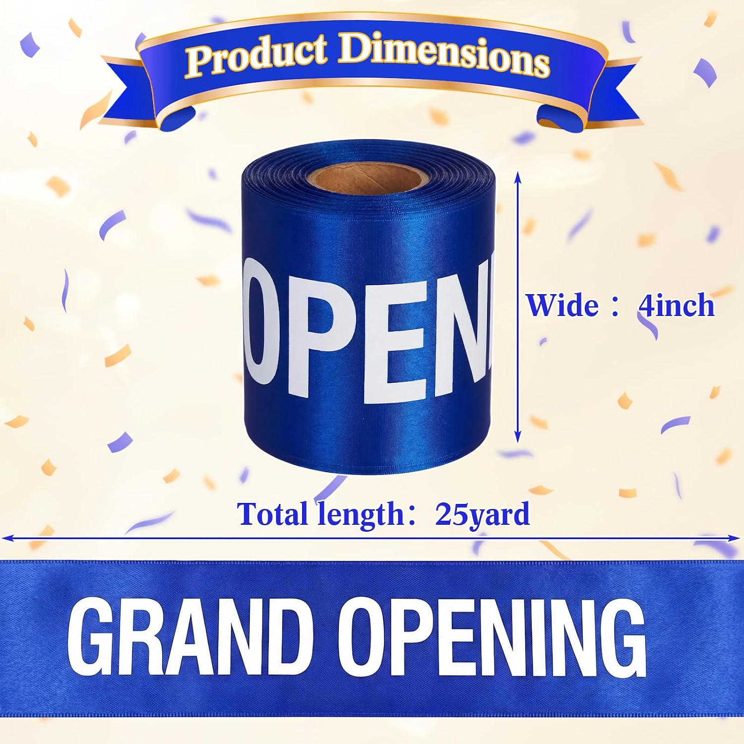 Blue Grand Opening Ribbon, 4 Inch 25 Yards Satin Ceremonial Printed Ribbon Roll with Bold White Print for Cutting Ceremony Kit Grand Opening Decorations Supplies Store Business Events