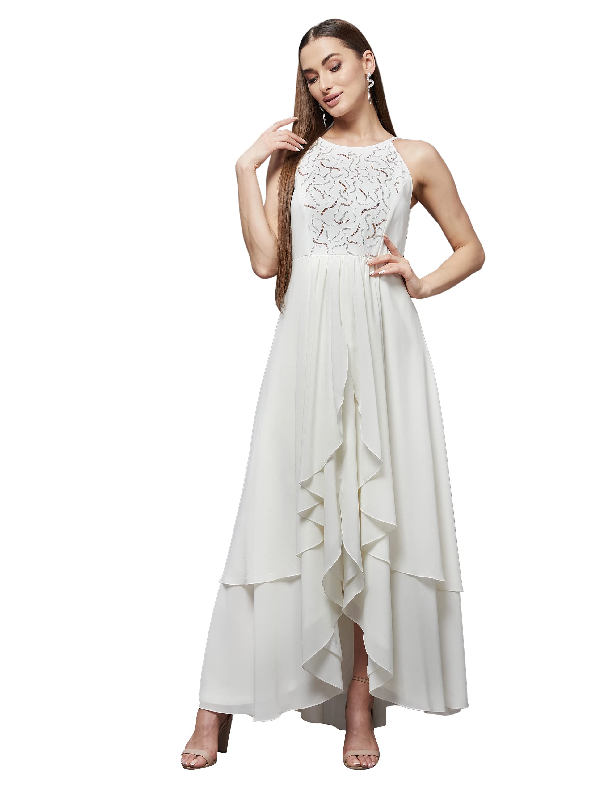 Miss Chase Women's Teal Round Neck Sleeveless Solid Embellished Maxi Dress (Medium, Off White)