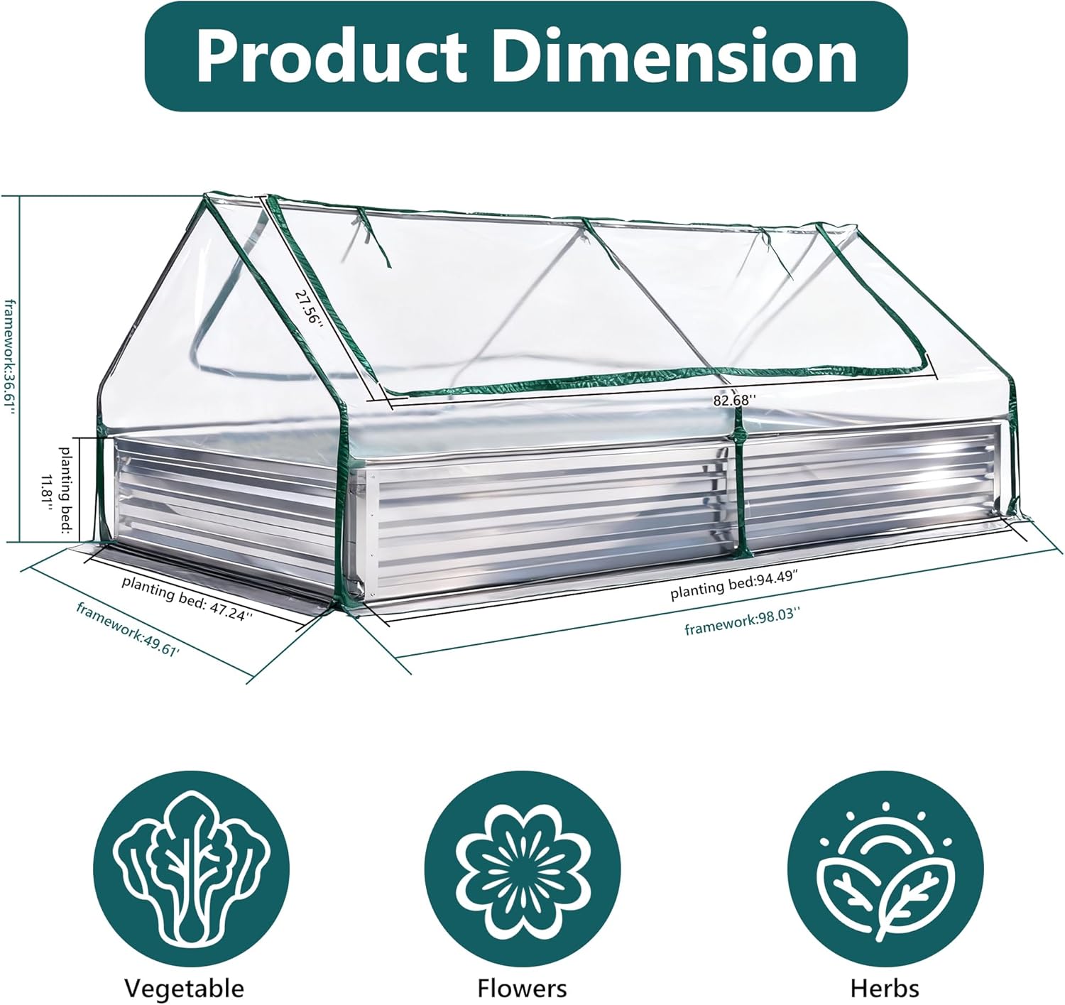 DUMOS 8x4x1ft Galvanized Raised Garden Bed with Cover, Planter Box Outdoor for Deep-Rooted Herbs/Flowers/Vegetables, Large Metal Garden Bed Mini Greenhouse for Patio, Balcony and Backyard, Silver