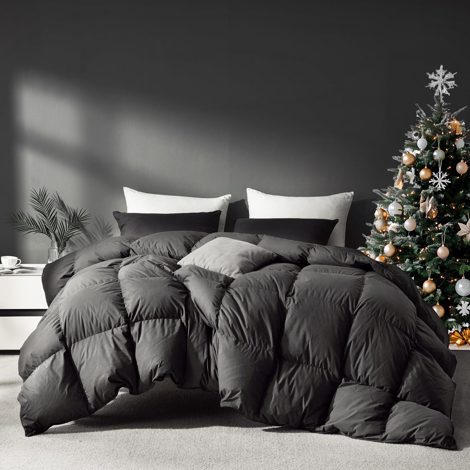 Grey Goose Feather Down Comforter King Size, Premium All Season Duvet Insert, 750+ Fill Power 1200TC Cotton Blend Fabric Hotel Style Comforter, 50 Oz Lightweight (106x90, Dark Grey)