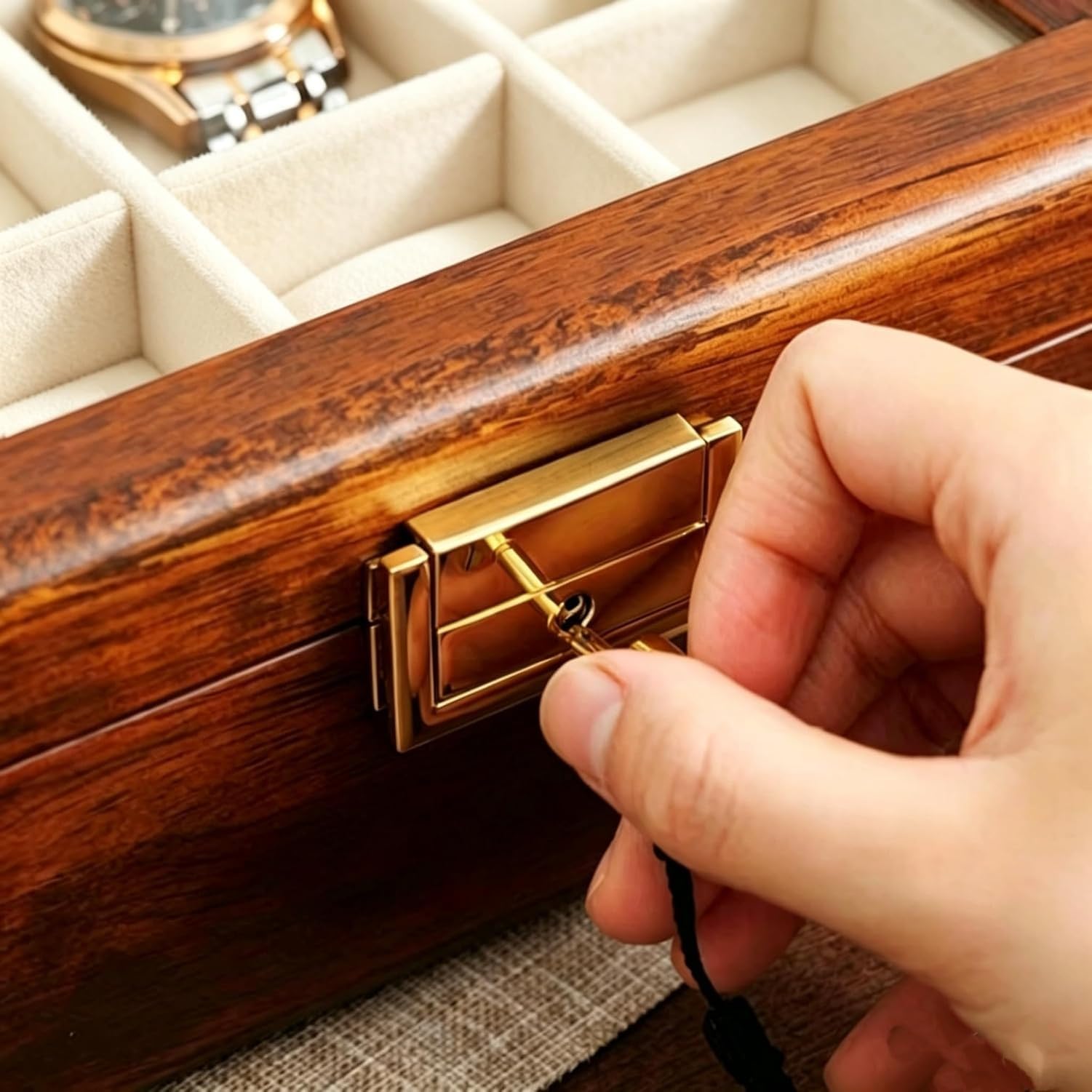 Astuccio Orologio in Legno Massello 8 Van Pietra con Coperchio in Vetro Noce Scatola Porta Orologi per Uomo Donna Custodia Da Tavolo Organizer, 8 slot-velluto bianco, Legno di teak dorato massiccio