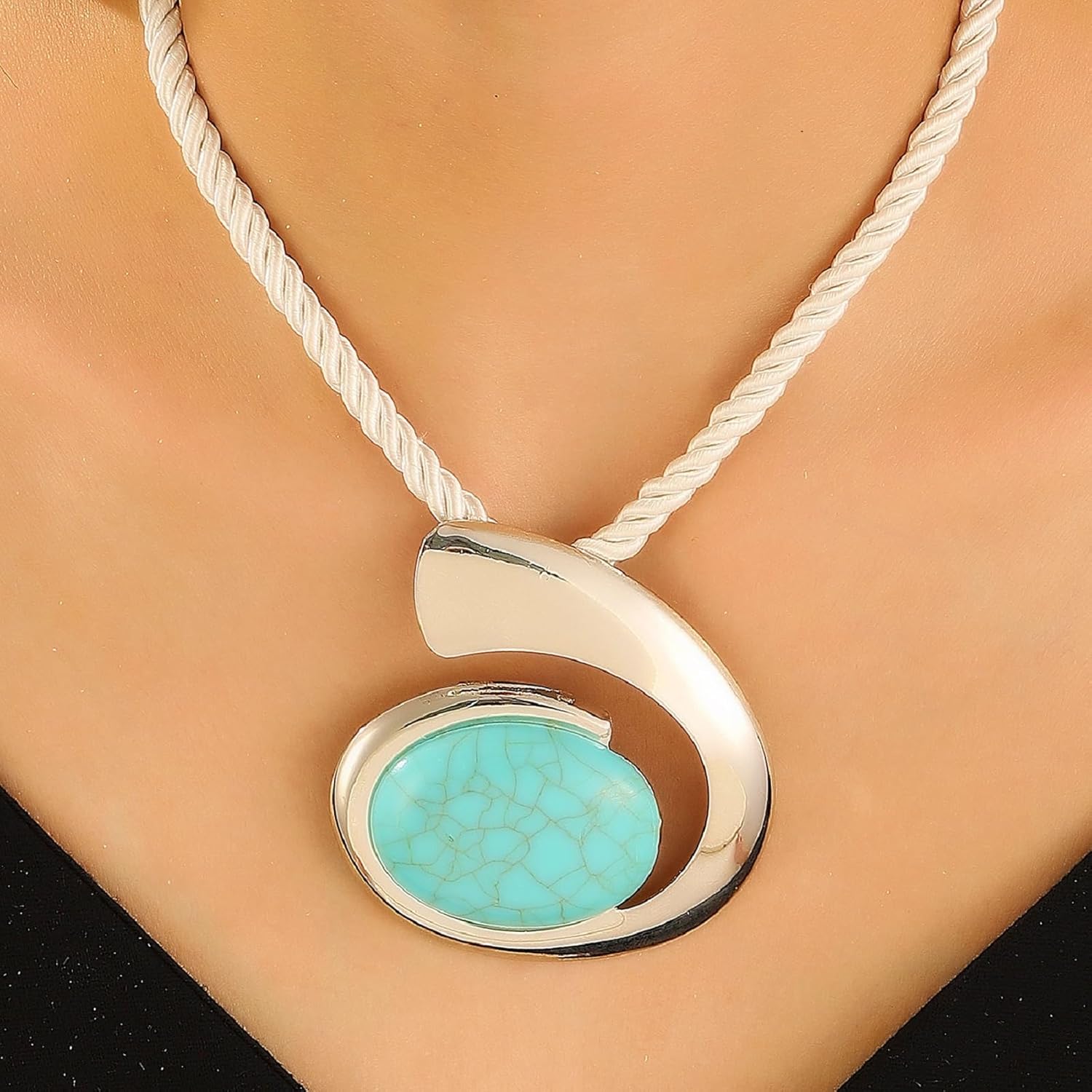 Statement Turquoise Necklace for Women Adjustable Punk Crystal Turquoise Necklace Chunky Exaggerated Turquoise Pendant Necklace Bohemian Holiday Jewelry - Image 5