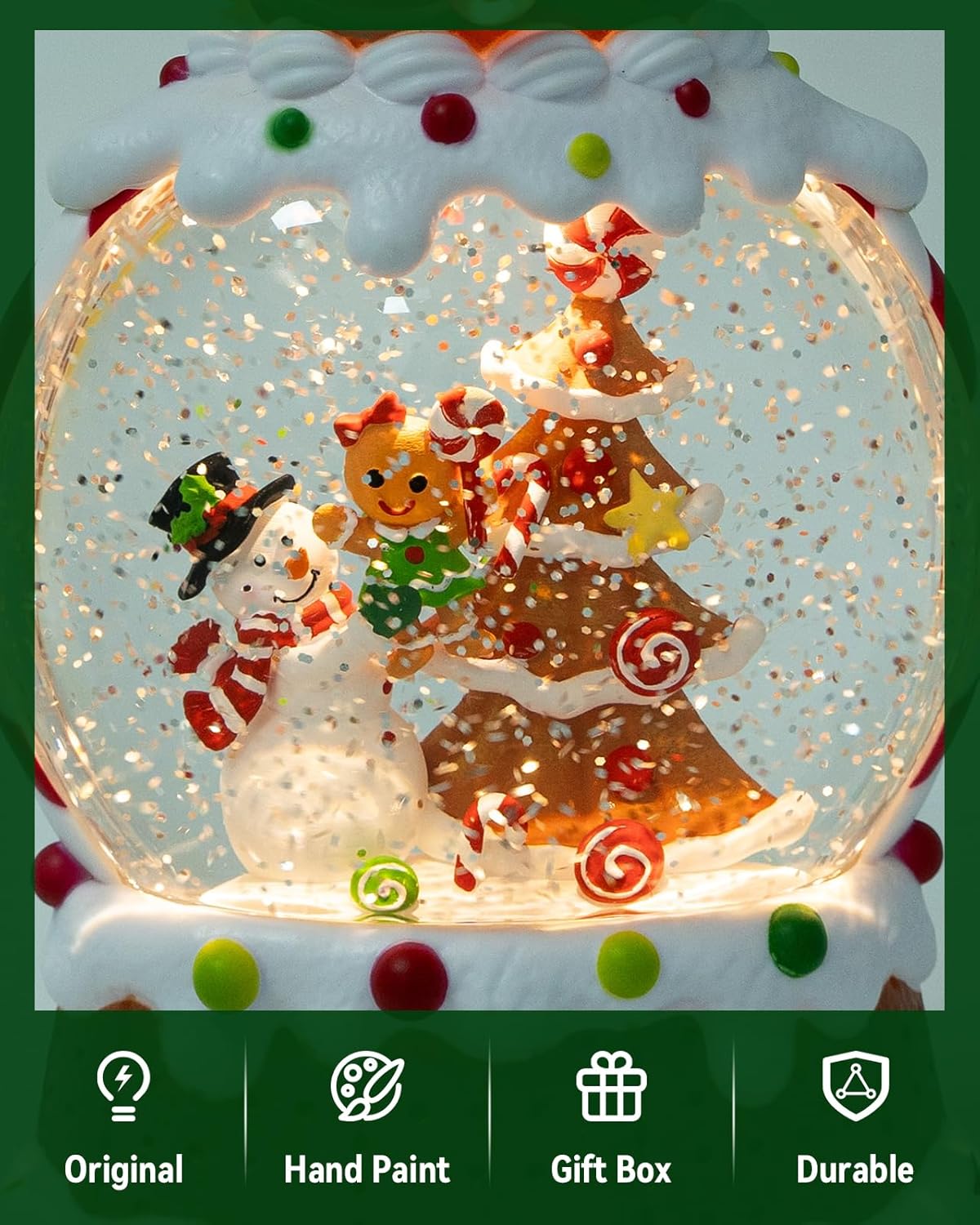 Gingerbread Snowman Christmas Tree Snow Globe - Lighted Gingerbread Snow Globe with Swirling Glitter and LED Lights, Hand Painted Christmas Decoration Playing 8 Holiday Songs, Xmas Gift for Adults