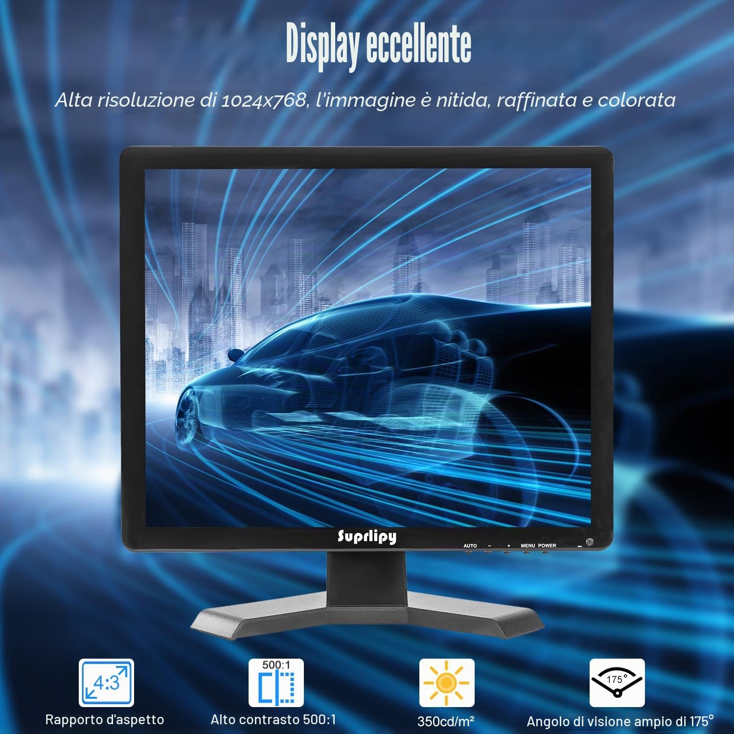 Monitor CCTV di sicurezza TFT LCD 15 pollici 1024x768 4:3 Schermo a colori HDMI/VGA/AV/BNC/MIC Porte USB Altoparlanti integrati