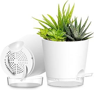Plant Pots 8 Inch Self Watering Pots, 2 Pack Plastic Planters with Drainage Holes and Clear Saucers,Plastic Flower Pots for Indoor Out Door Plants(White)