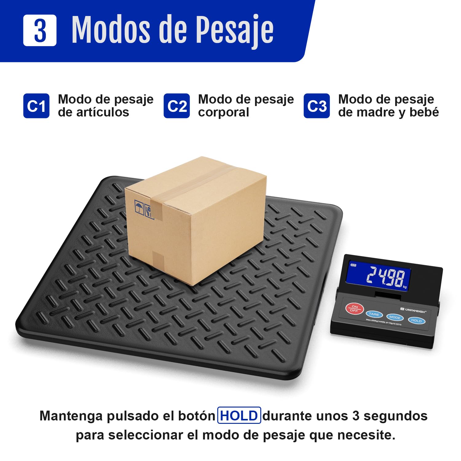 UNIWEIGH Báscula digital para paquetes, 10 g, precisión para paquetes con pantalla LCD retroiluminada, plataforma de acero aleado, funcionamiento por USB A/batería, tara/Hold/Auto-Off, báscula de