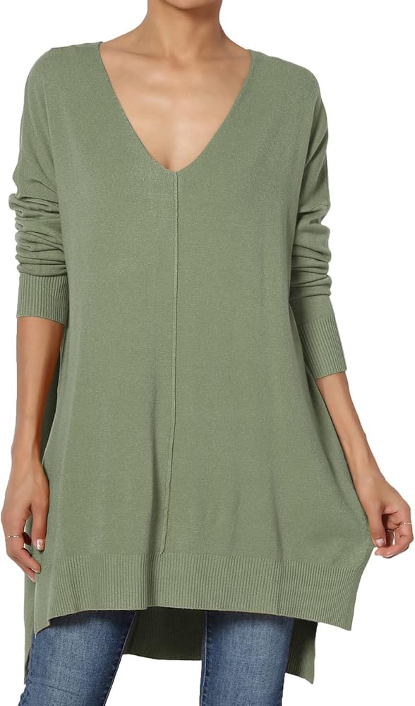 Women's XS~3X Garment Dye Front Seam V-Neck Hi Low Soft Knit Sweater Pullover at Amazon Women’s Clothing store