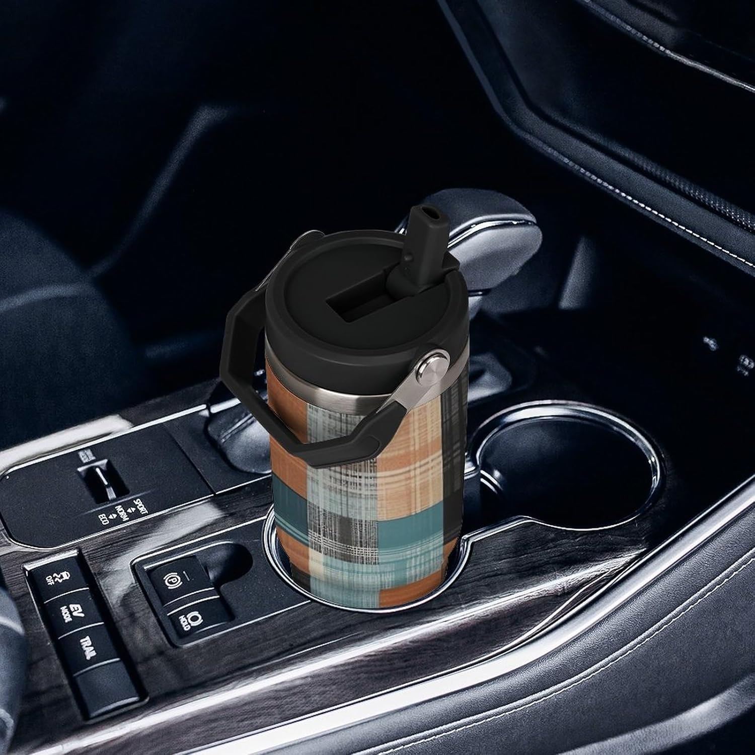 30oz Insulated Tumblers with Top Handle, Stainless Steel Black Plaid Pattern Car Cup with Straw for Gift, Leak-Proof Double Wall Vacuum Travel Mug, Personalized Water Bottles Black