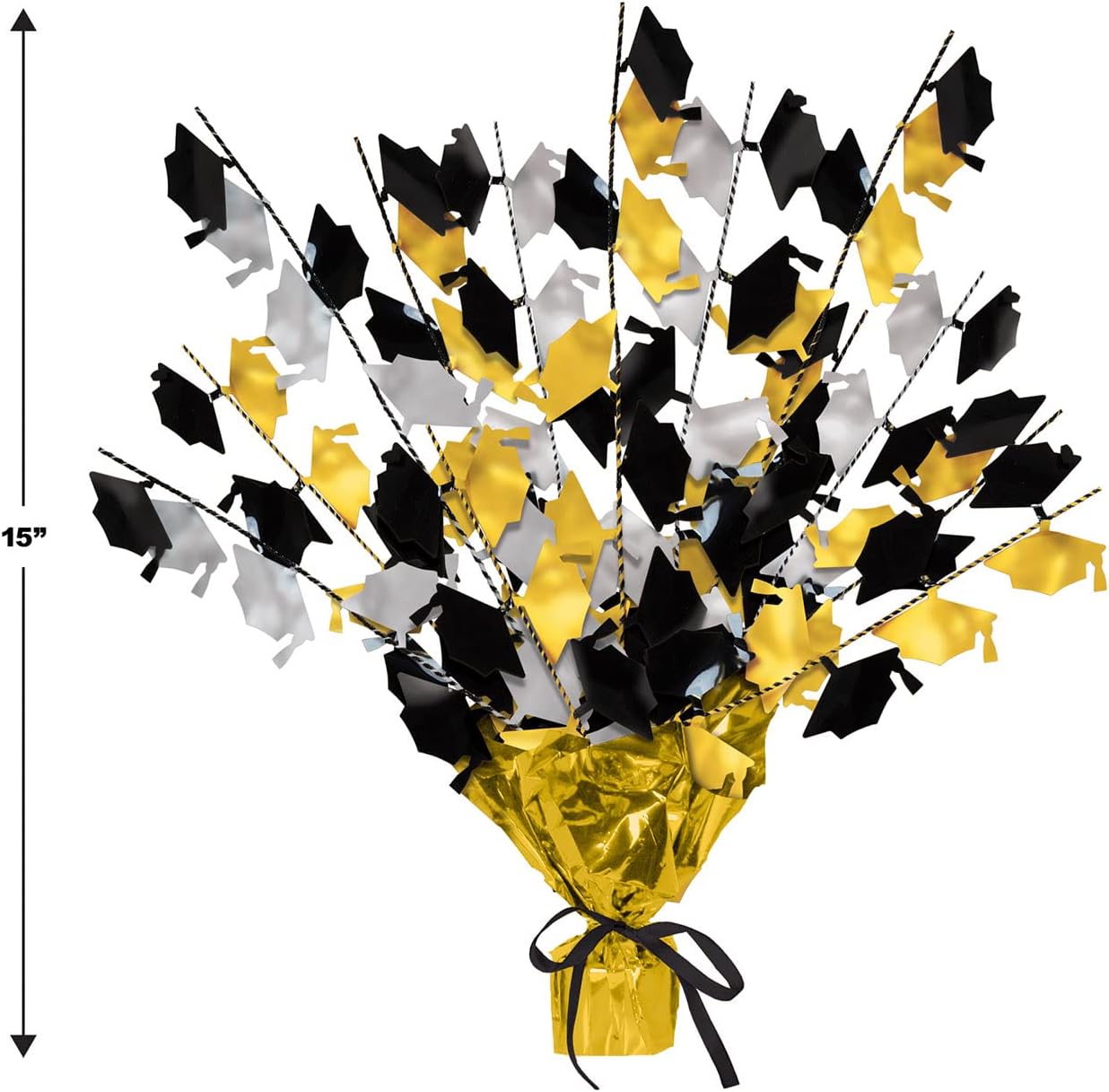Beistle 2-Pack Metallic Gleam ’N Burst Centerpiece, Black/Gold/Silver Table Decor for Graduation Party with Mini Grad Caps, Tableware Decorations, 15"