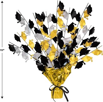 Beistle 2-Pack Metallic Gleam N Burst Centerpiece, Black/Gold/Silver Table Decor for Graduation Party with Mini Grad Caps, Tableware Decorations, 15