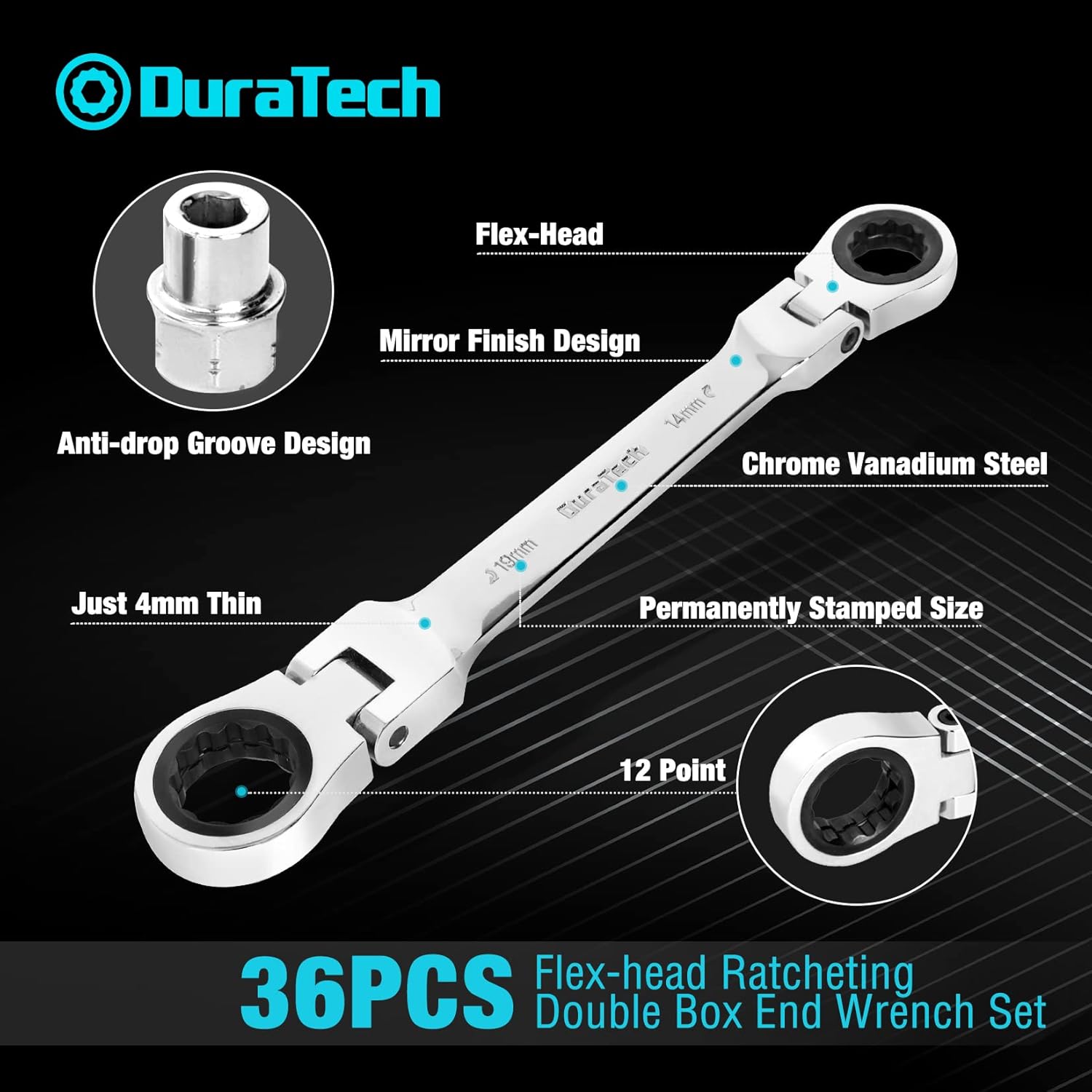 DURATECH 12-in-1 Flex-Head Ratcheting Wrench Set & 24-in-1 Screwdriver Set, Double Box End Wrench 8-19mm, 1/4" Drive Adapter with 24PCS Driver Bits, CR-V Steel, with Tool Box