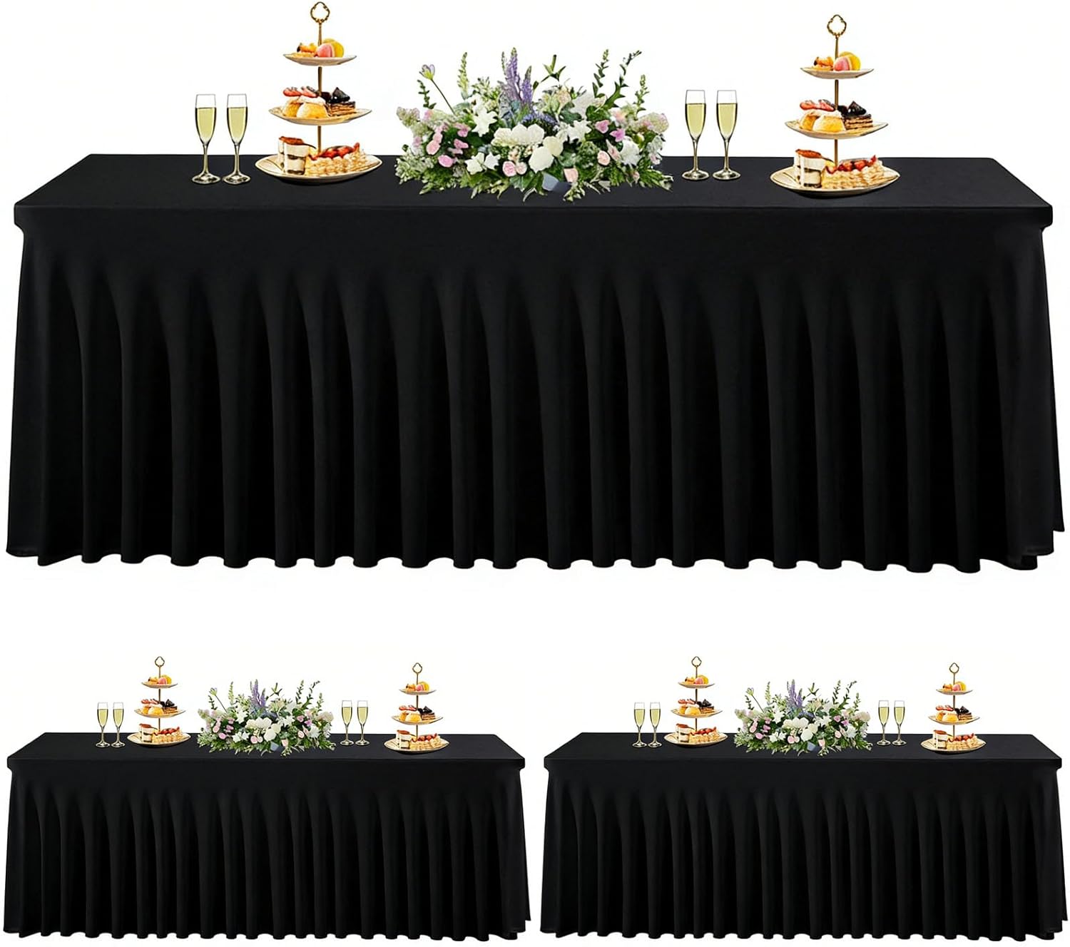 3 Pack Black Spandex Table Cloths for 6 Foot Rectangle Tables, Wrinkle Free Fitted Table Covers 6 Ft Stretch Polyester Tablecloths with Skirt for Party Banquet Wedding Birthday Christmas