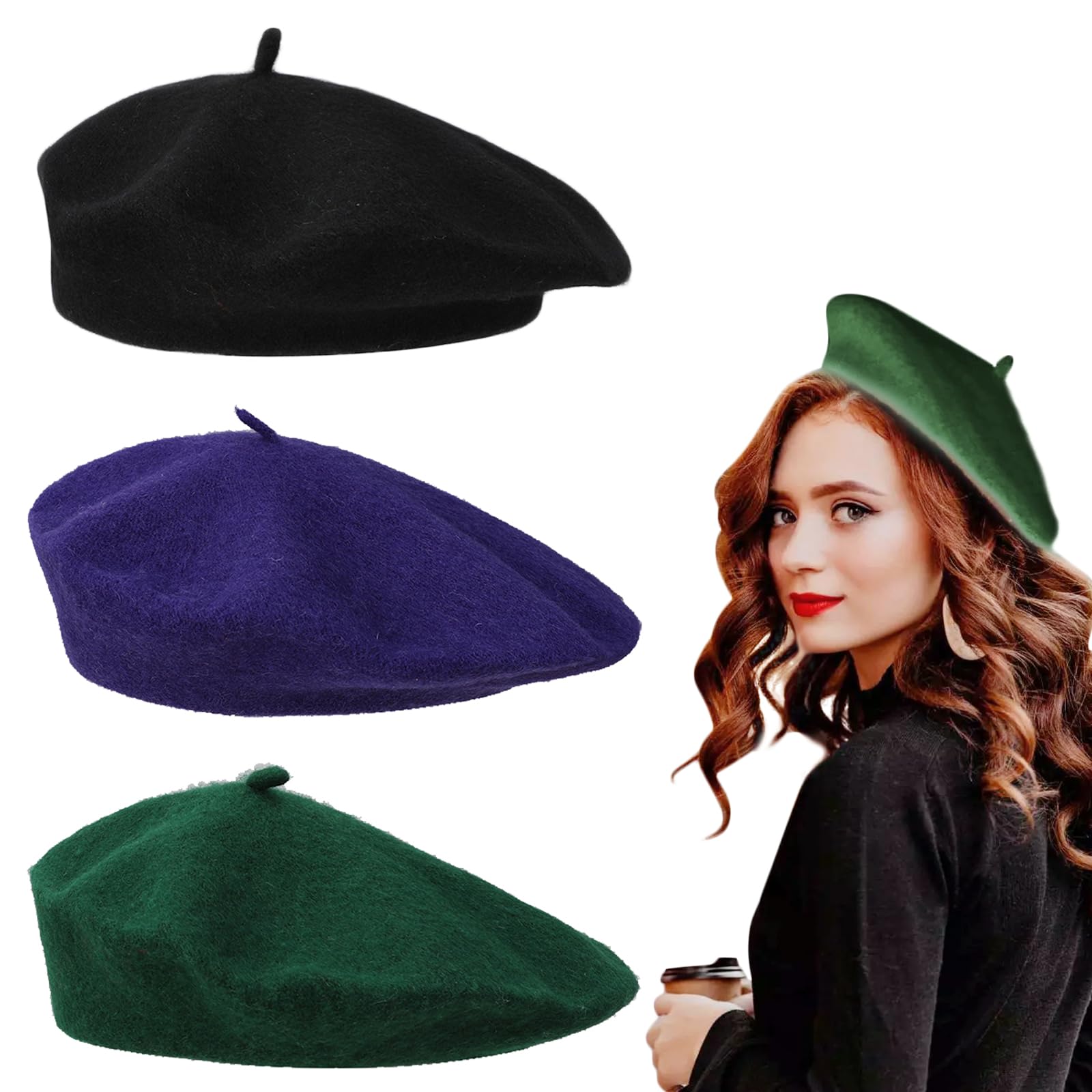 JSTHHTT 3 Piezas Boina Clásica Francesa, Beret de Lana para Mujer y Niña, Sombrero de Pintor Elegante y Vintage para Invierno