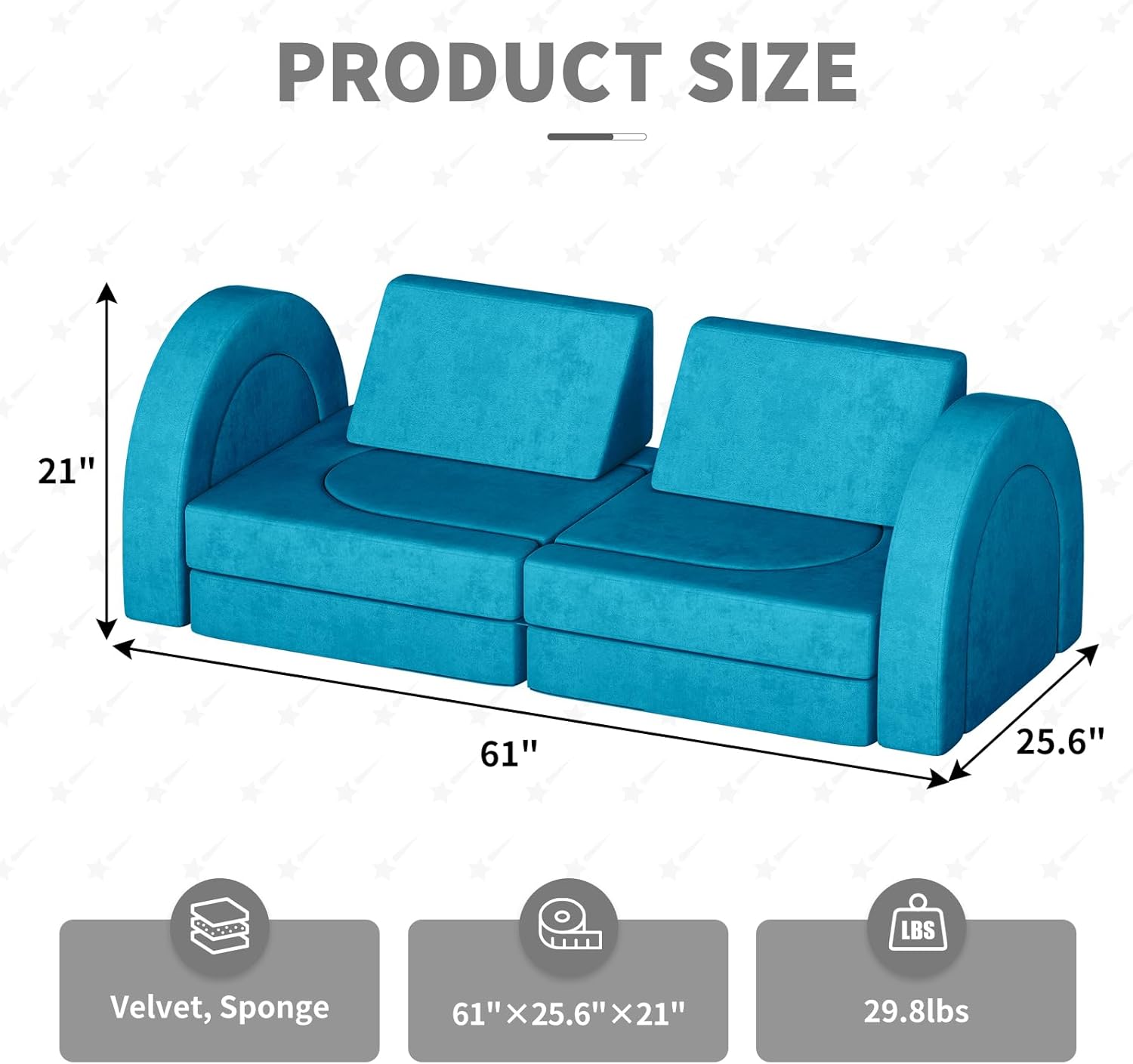 Modular Toddler Couch with 4 Arches and 2 Triangular Cushions - Fold Out Kids Couch for Playroom & Bedroom - Blue