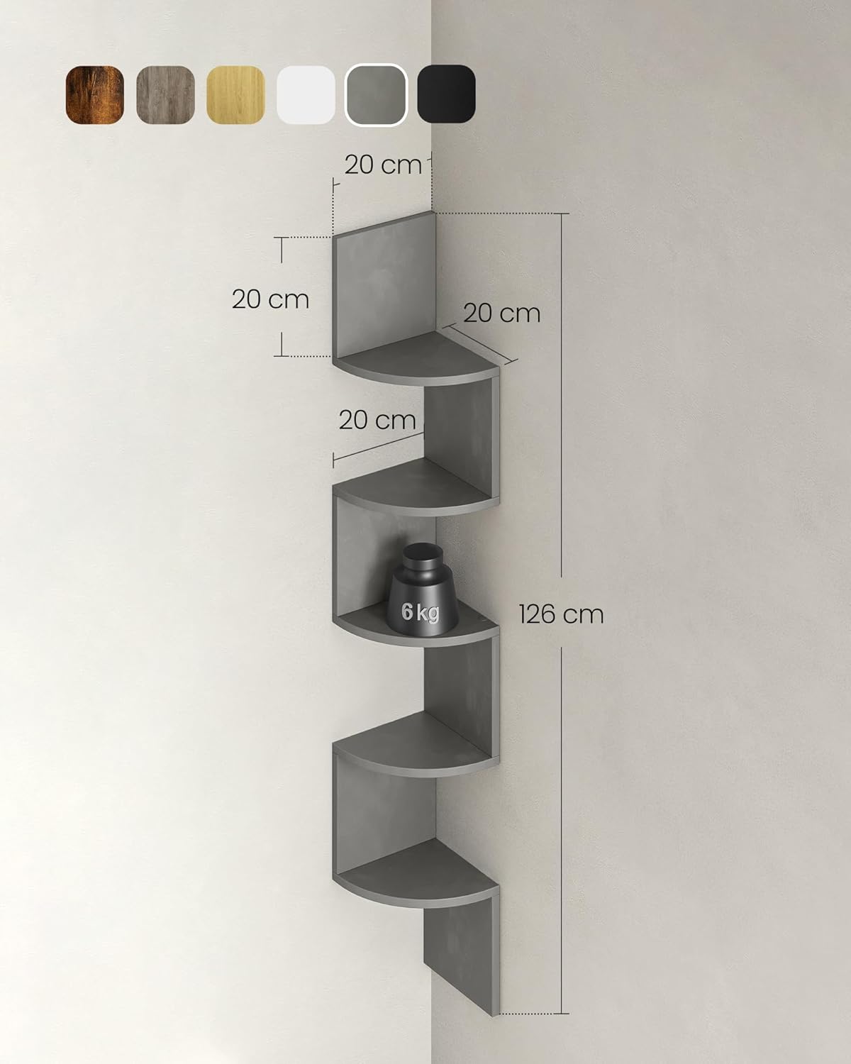 Diagram showing the dimensions of the VASAGLE corner shelf: 20 cm width, 20 cm depth, and 126 cm height, with a 6 kg weight capacity indicated.