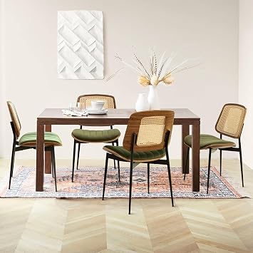 Rattan Dining Room Chairs Set of 4, Mid Century Modern Kitchen Chairs,Green Velvet Walnut Wood Finish Side Chair, Metal Legs Chair with Rattan Backrest,Green Fabric