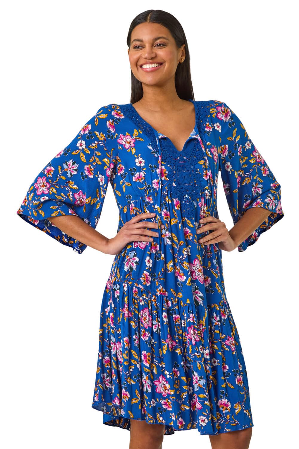Roman Originals Smock Dress for Women UK Ladies Cotton Summer Embroidered Frilled Tiered Casual Beach Cruise Holiday Cocktail Party 3/4 Sleeve Pull On Gathered Skirt