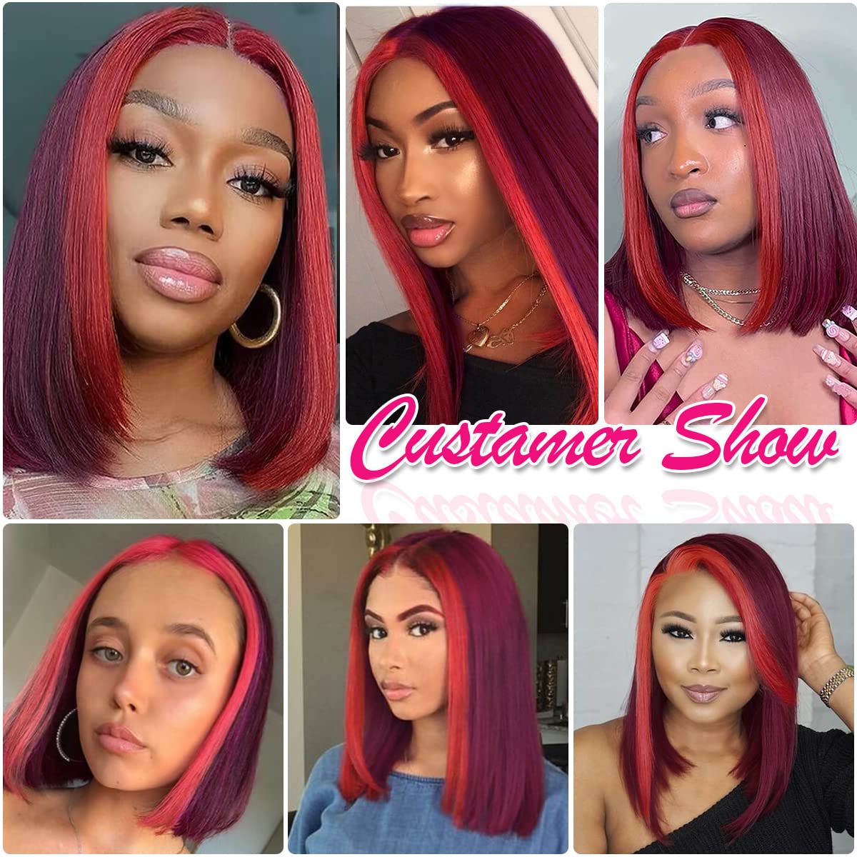 Goldfinch Burgundy Highlight Lace Front Bob Wig Human Hair Pink Skunk Stripe Bob Wigs for Women 150% Density Glueless Short Straight Bob Pre Plucked Natural Hairline 12 Inch