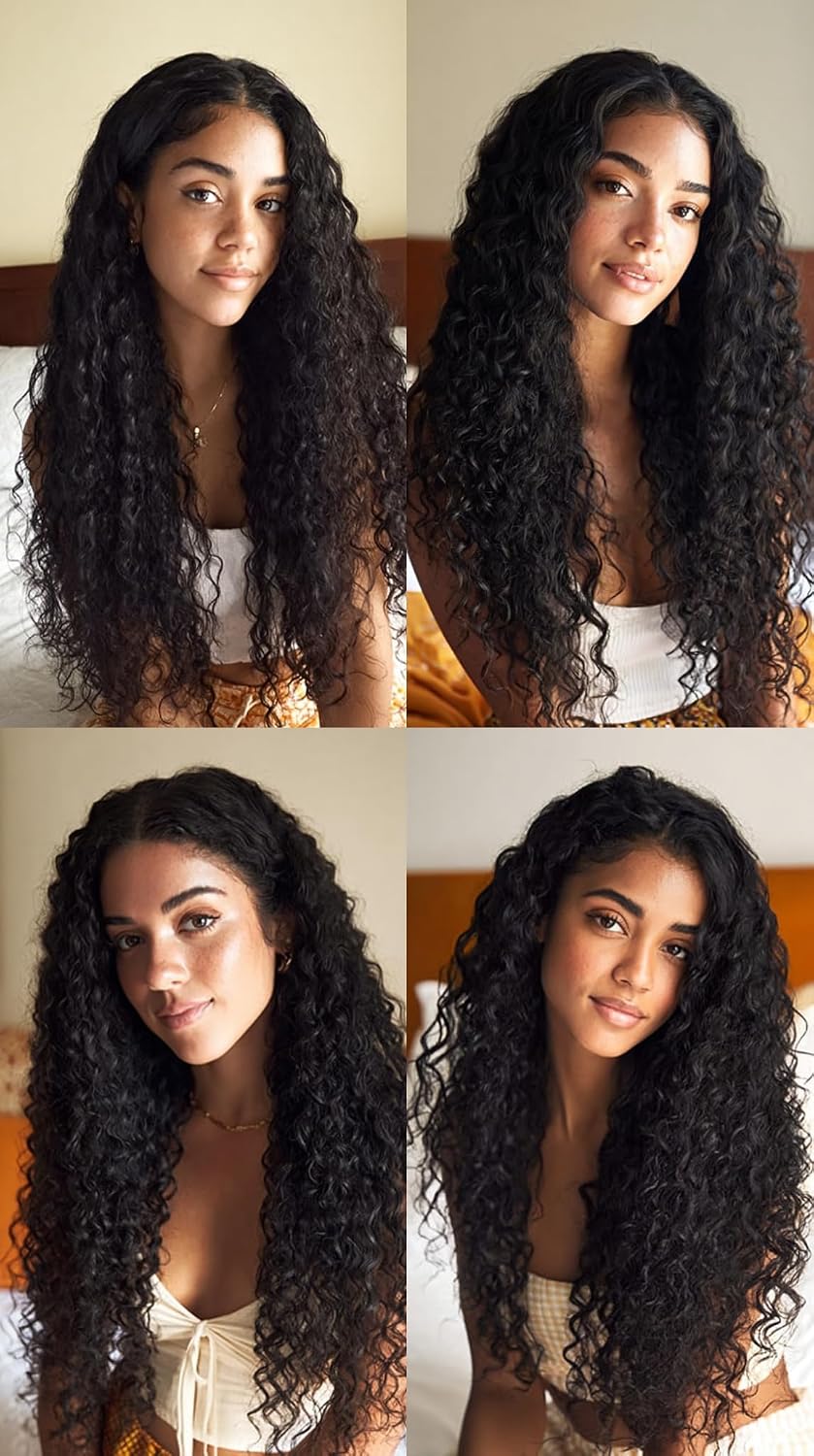 Color 1B Human Hair Deep Wave Bundles 14 16 18 inch 3 Bundles Double Weft Unprocessed Brazilian Virgin Hair Extensions 10A Grade Natural Color Deep Curly Bundles Silky Soft for Women